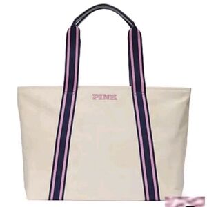 PINK Victoria's Secret Cream Canvas Tote with Pink and Navy Striped Handles